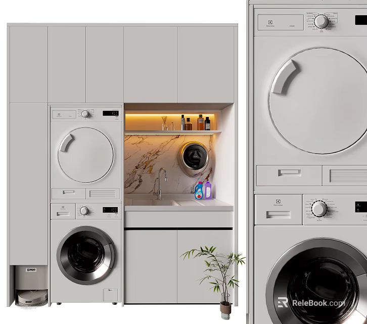 Modern Stackable Washing Machine In Laundry Room With Cabinet And Marble Countertop 3d model 