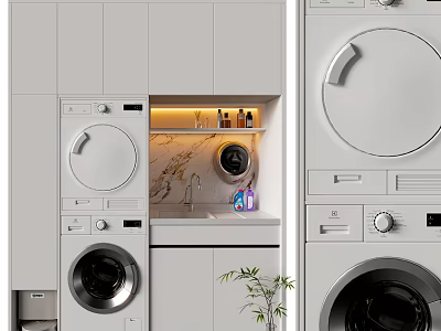 Modern Stackable Washing Machine In Laundry Room With Cabinet And Marble Countertop 3d model