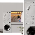 Modern Stackable Washing Machine In Laundry Room With Cabinet And Marble Countertop