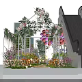 Decorative Garden Display Model With Green Plants Pink Flower Tree And White Railings 3d model