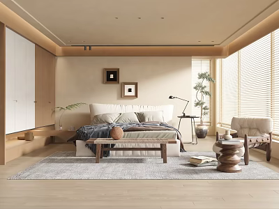 Cozy Modern Bedroom With Decorative Paintings Floor Lamp Blinds Armchair And Potted Plant 3d model