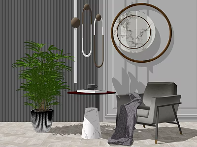 Modern Minimalist Living Room With Gray Armchair Green Plant And Decorative Painting 3d model