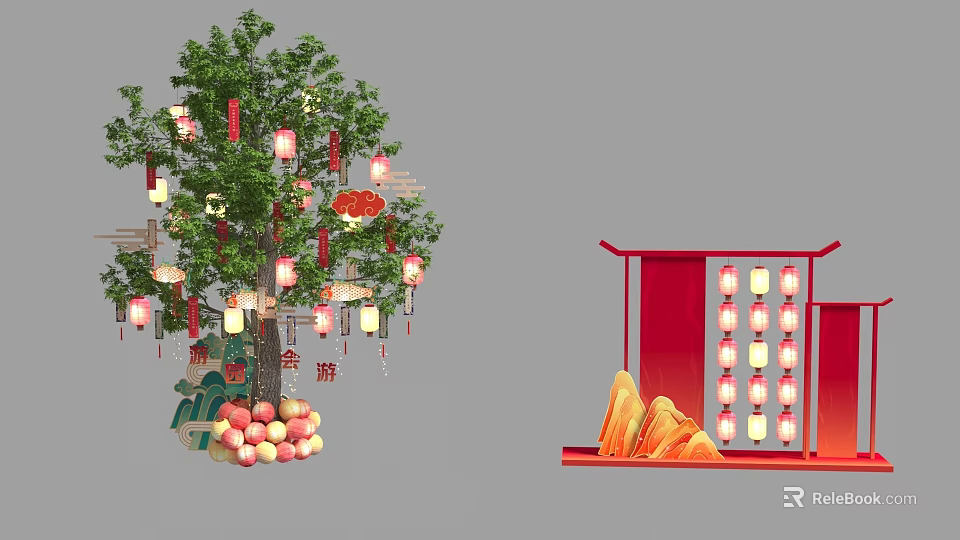 Chinese New Year Decorative Tree With Red Lanterns And Ornamental Stand 3d model 