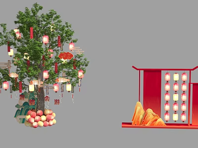 Chinese New Year Decorative Tree With Red Lanterns And Ornamental Stand 3d model