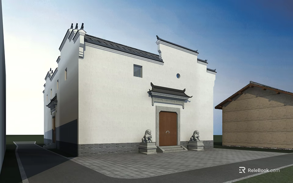 Traditional Ancient Chinese Architecture With White Walls Overhanging Eaves Wooden Door And Stone Lions 3d model 