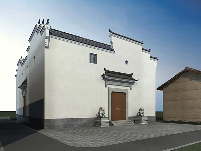 Traditional Ancient Chinese Architecture With White Walls Overhanging Eaves Wooden Door And Stone Lions 3d model