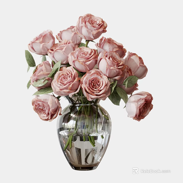 Beautiful Pink Roses Arrangement In Clear Glass Vase With Green Leaves 3d model 