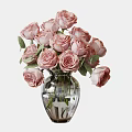 Beautiful Pink Roses Arrangement In Clear Glass Vase With Green Leaves