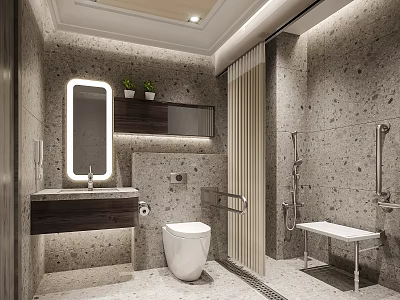 Modern Public Restroom With Gray Marble Walls Sink Mirror Toilet Bowl Grab Bars And Bench 3d model