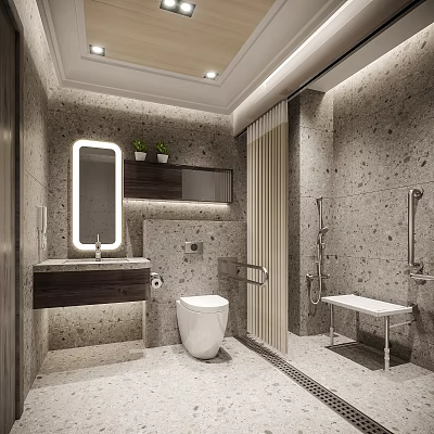 Modern Public Restroom With Gray Marble Walls Sink Mirror Toilet Bowl Grab Bars And Bench 3d model