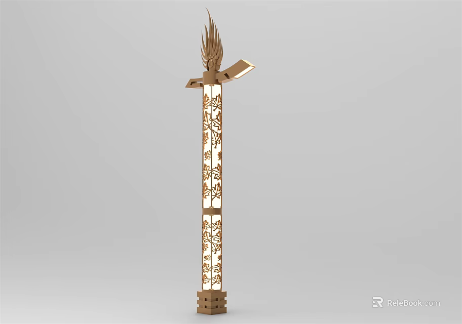 Golden Metallic Outdoor Light With Decorative Feather Top And Intricate Cutout Patterns 3d model 