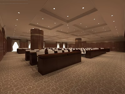 Spacious Conference Room Interior Featuring Long Wooden Tables Arranged Chairs Patterned Carpet And Recessed Lights 3d model