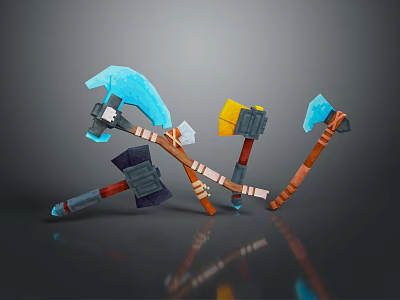 3D Rendered Axe Weapons In Various Colors With Wooden And Metal Parts 3d model