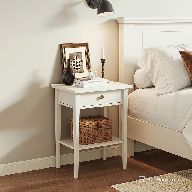 White Bedroom Nightstand With Picture Frame Candle Books And Wicker Basket 3d model 