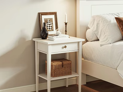 White Bedroom Nightstand With Picture Frame Candle Books And Wicker Basket 3d model