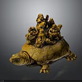 Intricate Carved Amber Wooden Turtle Shaped Furniture Decorative Sculpture With Small Figures And Engraved Patterns