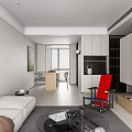 Modern Living Dining Room Interior With Gray Sofa Red Chair Coffee Table And Window Blinds
