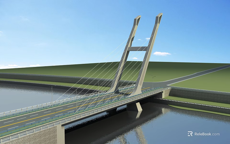 Modern Cable Stayed Bridge With Tall Pylons Cables Over Water And Green Landscape 3d model 