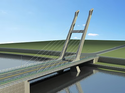 Modern Cable Stayed Bridge With Tall Pylons Cables Over Water And Green Landscape 3d model