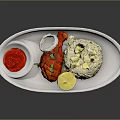 Roasted Chicken Leg With Fluffy Rice Lemon Slice And Red Sauce On White Plate