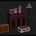 Vintage Wooden Cabinet With Sewing Machine Glass Cloche Red Book Suitcases And Floor Lamp