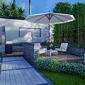 Modern Garden Landscape Design With Outdoor Seating Green Plants And White Umbrella
