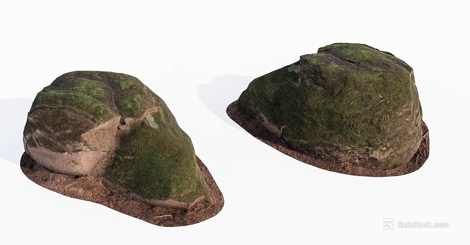 Natural Stone and Wood Decorative Pieces Covered with Green Moss 3d model 