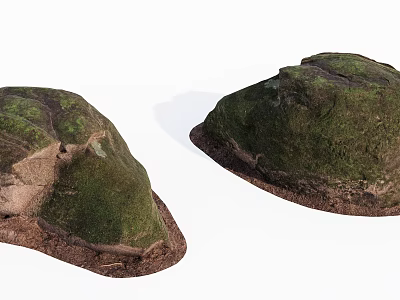 Natural Stone and Wood Decorative Pieces Covered with Green Moss 3d model