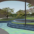 Modern Residential Landscape Featuring Curved Canopy Water Feature And Lush Greenery