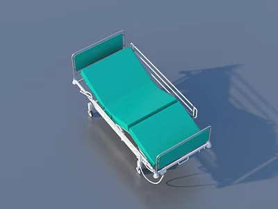 Durable Hospital Bed With Green Mattress Metal Side Rails And Wheels 3d model