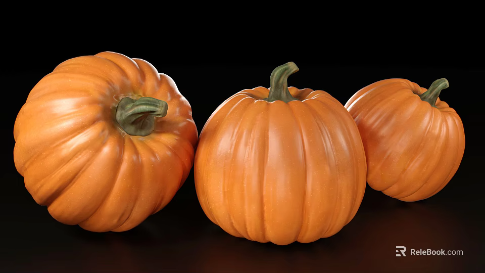 Three Fresh Ripe Orange Pumpkins As Healthy Vegetables On Black Background 3d model 