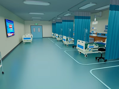Modern Hospital Ward Interior With Blue Curtains Beds TV And Medical Equipment 3d model