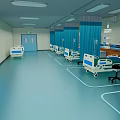 Modern Hospital Ward Interior With Blue Curtains Beds TV And Medical Equipment