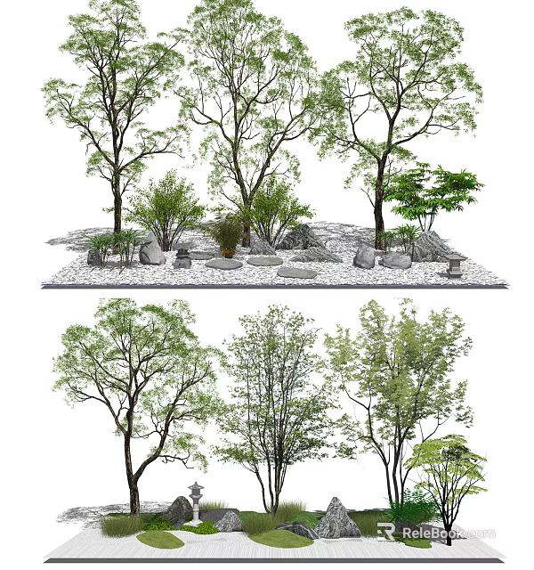 Arboreal Trees in Natural Landscape Design with Stones and Green Shrubs 3d model 