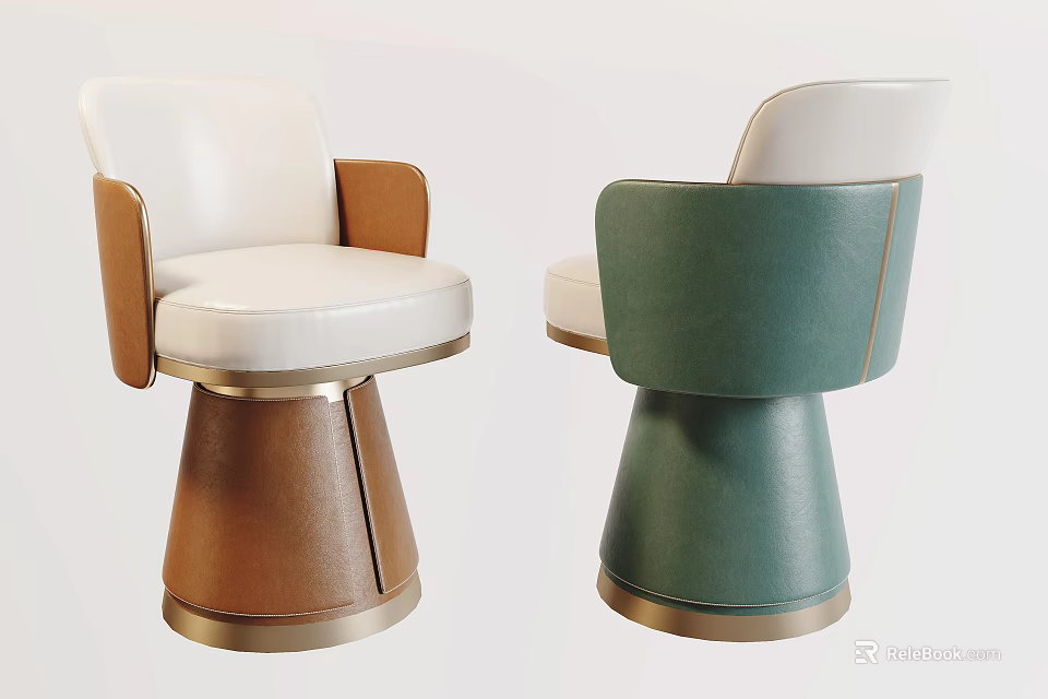 Modern Single Chair Design With White Green Leather And Conical Golden Base Armrests 3d model 