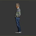 Elderly Man Wearing Striped Sweater And Blue Jeans Standing Against Gray Background