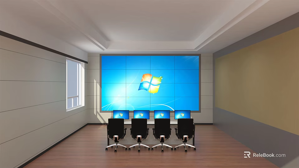 Modern Control Room Interior With Large Screen Windows Logo And Four Chairs 3d model