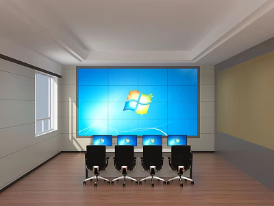 Modern Control Room Interior With Large Screen Windows Logo And Four Chairs 3d model