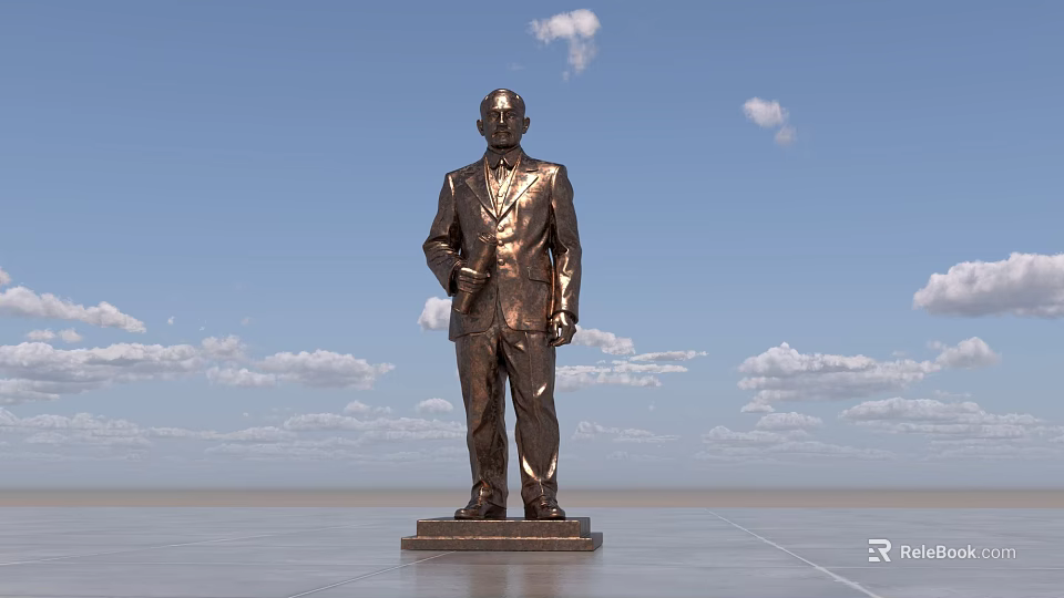 Bronze Figure Landscape Sculpture In Suit On Pedestal With Blue Sky White Clouds 3d model 