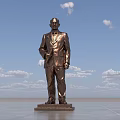 Bronze Figure Landscape Sculpture In Suit On Pedestal With Blue Sky White Clouds