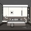 Modern Bedroom Interior With Bed Headboard Wall Framed Art Recessed Lighting Nightstands And Armchair