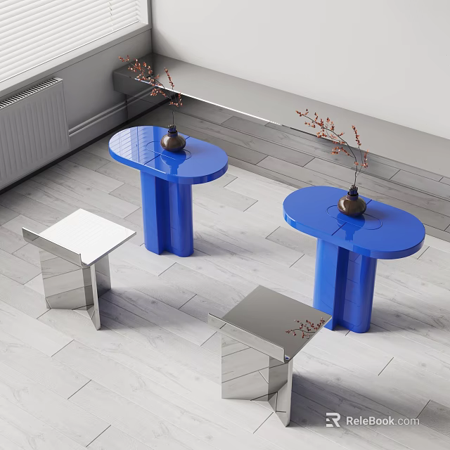 Blue Round Dining Tables With Silver Stools Vase And Branch Decorations In Modern Interior 3d model