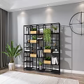 Black Multi Tiered Shelving Unit With Potted Plants Books Storage Boxes And Large Clock