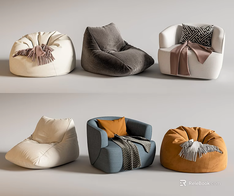 Stylish Cozy Bean Bag Chairs In Various Colors With Decorative Tassels And Cushions 3d model 