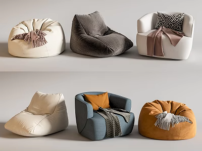 Stylish Cozy Bean Bag Chairs In Various Colors With Decorative Tassels And Cushions 3d model