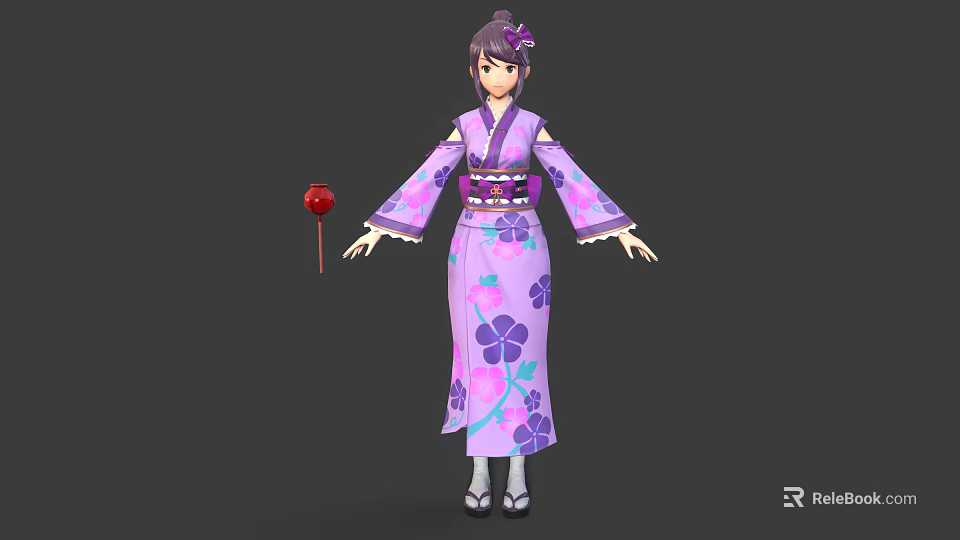 Graceful Purple Kimono Girl With Floral Patterns And Butterfly Companion Standing 3d model 