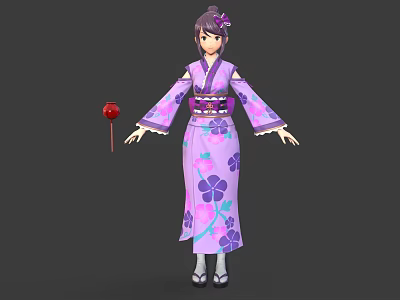 Graceful Purple Kimono Girl With Floral Patterns And Butterfly Companion Standing 3d model