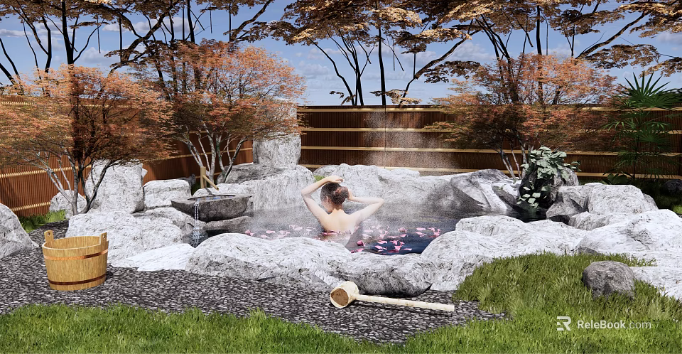 Serene Courtyard Garden With Natural Hot Spring Rocks Lush Trees Greenery And Relaxing Bathing Area 3d model 