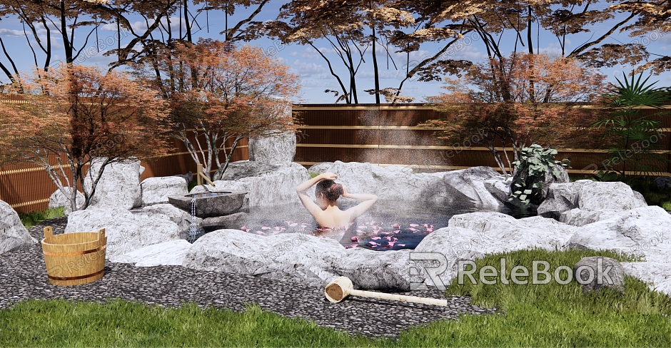 Japanese style hot spring pool garden open-air hot spring pool Zen garden garden petals hot spring pool hot spring hotel private soup pool fence model