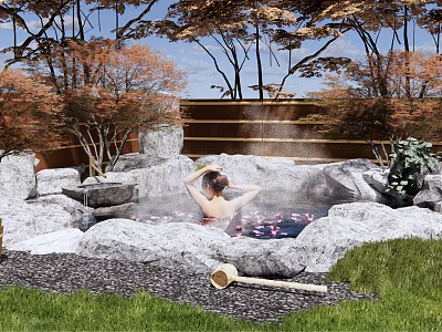 Serene Courtyard Garden With Natural Hot Spring Rocks Lush Trees Greenery And Relaxing Bathing Area 3d model